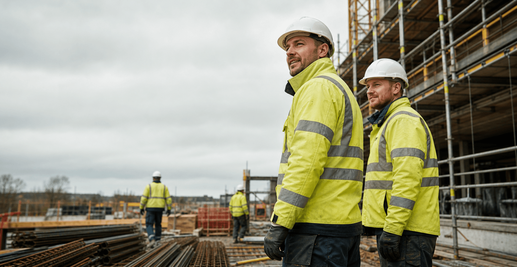 Construction workers on an active site wearing high visibility workwear